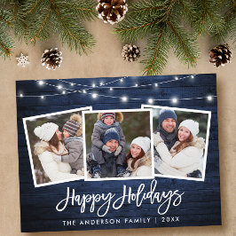 Penseel Script Blue Wood Lights Holiday 3 Foto Briefkaart