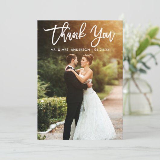 Penseel-Script-bride-bruideweddenfoto Bedankkaart (Staand voorkant)