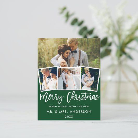 Penseel script bruiloft Kerstmis 4 Foto groen Briefkaart (Staand voorkant)