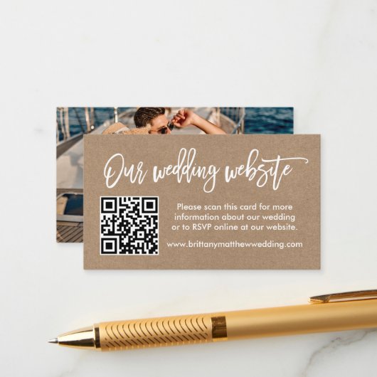 Penseel-script bruiloft Website QR Foto Kraft Informatiekaartje (Voorkant / Achterkant in situ)
