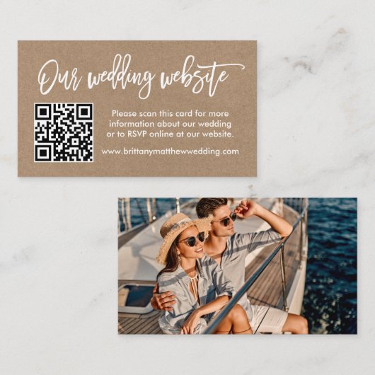 Penseel-script bruiloft Website QR Foto Kraft Informatiekaartje (Voorkant / Achterkant)