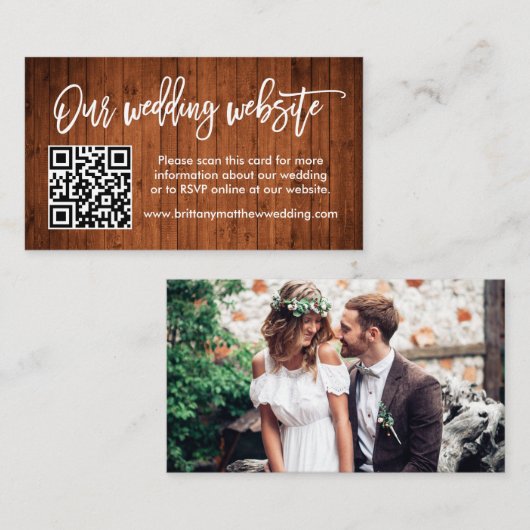 Penseel-script bruiloft Website QR Hout Foto Informatiekaartje (Voorkant / Achterkant)