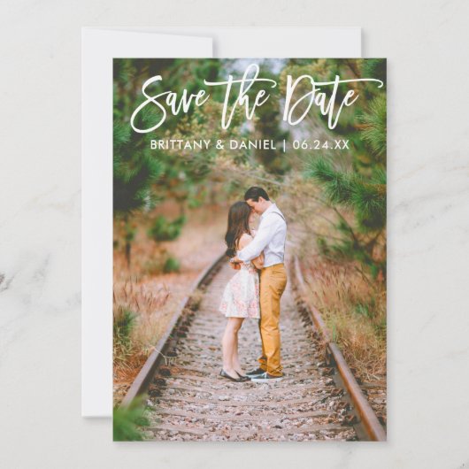 Penseel Script Couple Photo Save the Date Card (Voorkant)