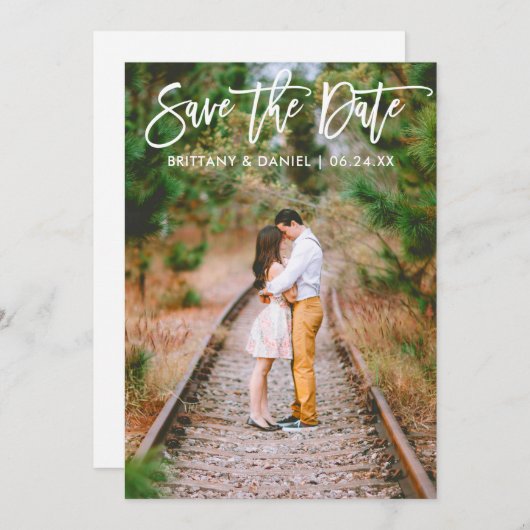 Penseel Script Couple Photo Save the Date Card (Voorkant / Achterkant)
