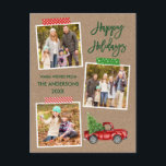 Penseel Script Craft Tape Red Truck Kraft Holiday Briefkaart<br><div class="desc">Het moderne Manuscript van de Borstel Prettige feestdagen 3 Briefkaart van de Holiday van de Foto omvat de Band van de Kraft en de  Rood van de Waterverf met Kerstboom. Rustic Kraft Paper.</div>