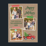 Penseel Script Craft Tape Red Truck Kraft Holiday Briefkaart<br><div class="desc">Het moderne Manuscript van de Borstel Prettige feestdagen 3 Briefkaart van de Holiday van de Foto omvat de Band van de Kraft en de  Rood van de Waterverf met Kerstboom. Rustic Kraft Paper.</div>
