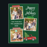 Penseel Script Craft Tape  Truck Holiday Briefkaart<br><div class="desc">Het moderne Manuscript van de Borstel Prettige feestdagen 3 Briefkaart van de Holiday van de Foto omvat de Band van de Kraft en de  Rood van de Waterverf met Kerstboom. Forest Green Background</div>