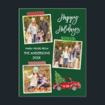 Penseel Script Craft Tape  Truck Holiday Briefkaart<br><div class="desc">Het moderne Manuscript van de Borstel Prettige feestdagen 3 Briefkaart van de Holiday van de Foto omvat de Band van de Kraft en de  Rood van de Waterverf met Kerstboom. Forest Green Background</div>