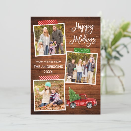 Penseel Script Craft Tape Wood Red Truck Feestdagenkaart (Staand voorkant)