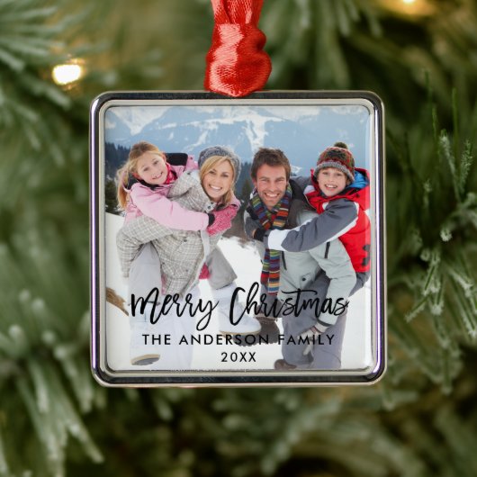 Penseel Script Family Foto Merry kerstsq Metalen Ornament (Boom)