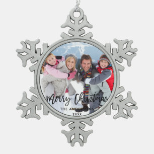 Penseel Script Family Photo Merry Kerstmis Tin Sneeuwvlok Ornament