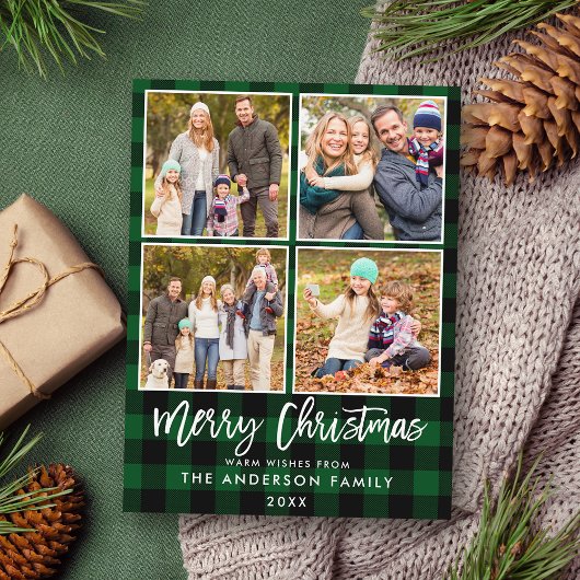 Penseel Script Green Plays Family 4 FotoKerstmis Briefkaart