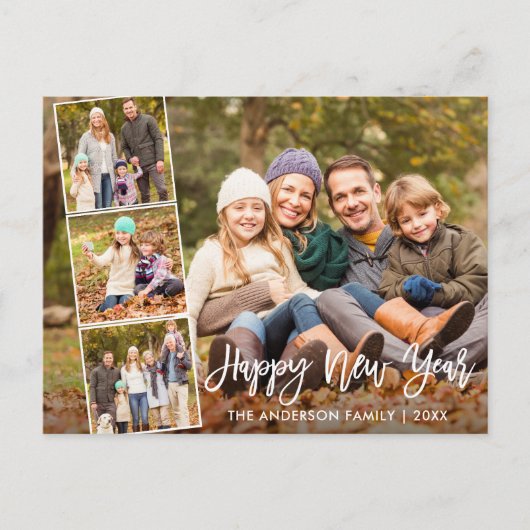 Penseel Script Happy New Year Family 4 Foto Briefkaart (Voorkant)