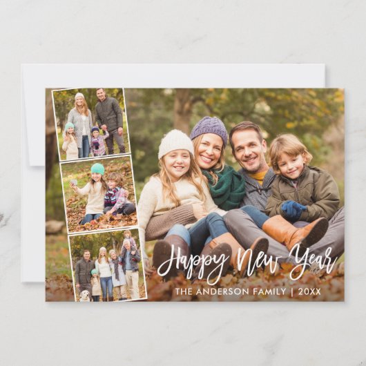 Penseel Script Happy New Year Family 4 Foto Feestdagenkaart (Voorkant)