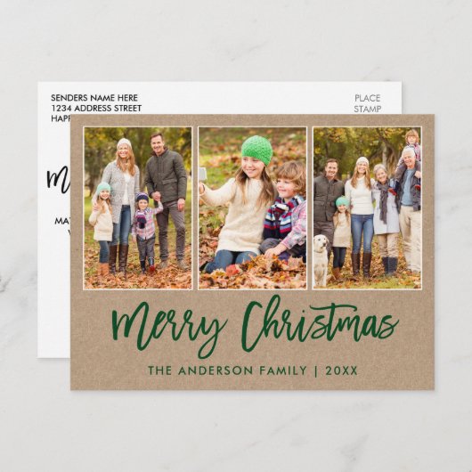 Penseel Script Kraft 3 FotoKerstmis Briefkaart (Voorkant / Achterkant)