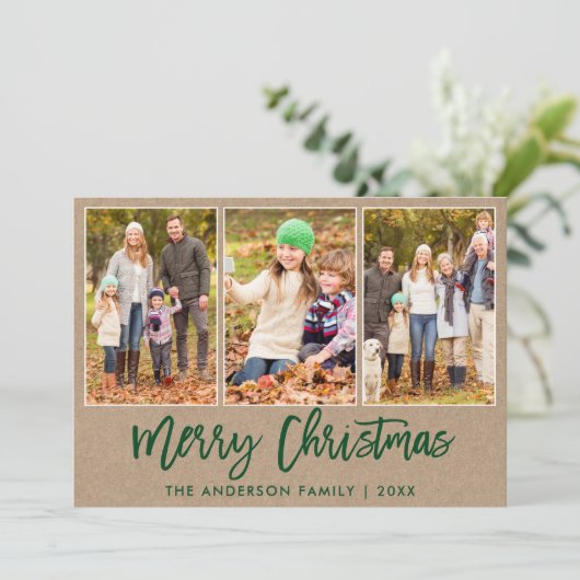 Penseel Script Kraft 3 FotoKerstmis Feestdagenkaart (Staand voorkant)