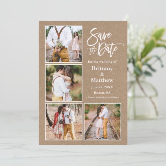 Penseel Script Kraft 4 Foto Verloving Save The Date (Staand voorkant)