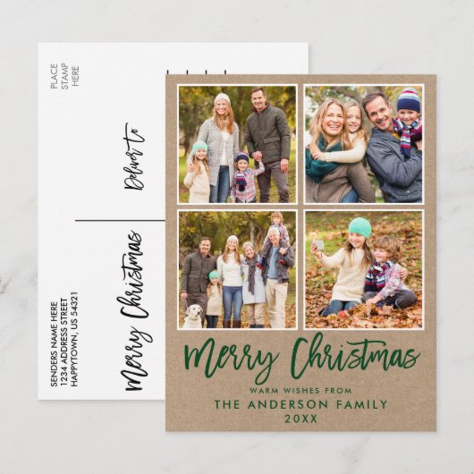 Penseel Script Kraft Family 4 Fotokerstgroen Briefkaart (Voorkant / Achterkant)