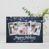 Penseel Script licht Rustic Blue Wood 3 Foto Feestdagenkaart (Staand voorkant)