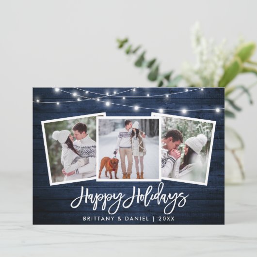 Penseel Script licht Rustic Blue Wood 3 Foto Feestdagenkaart (Staand voorkant)