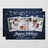 Penseel Script licht Rustic Blue Wood 3 Foto Feestdagenkaart (Voorkant / Achterkant)