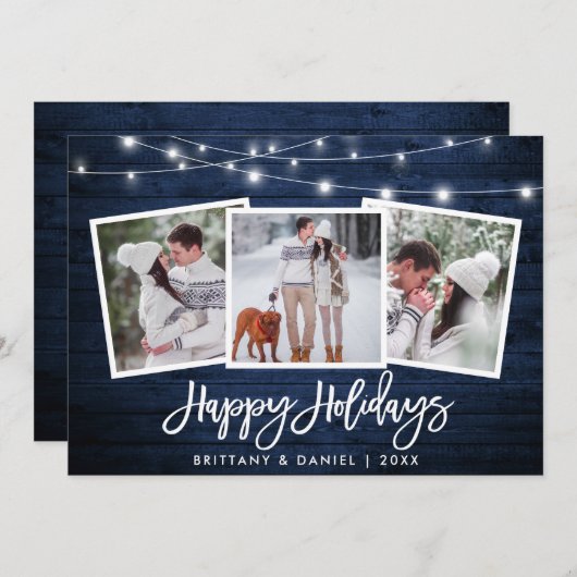 Penseel Script licht Rustic Blue Wood 3 Foto Feestdagenkaart (Voorkant / Achterkant)