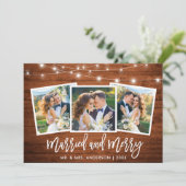 Penseel Script Lights Wood 3 Foto gehuwd en Merry Feestdagenkaart (Staand voorkant)