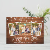 Penseel Script Lights Wood 3 Foto Happy Nieuwjaar Feestdagenkaart (Staand voorkant)