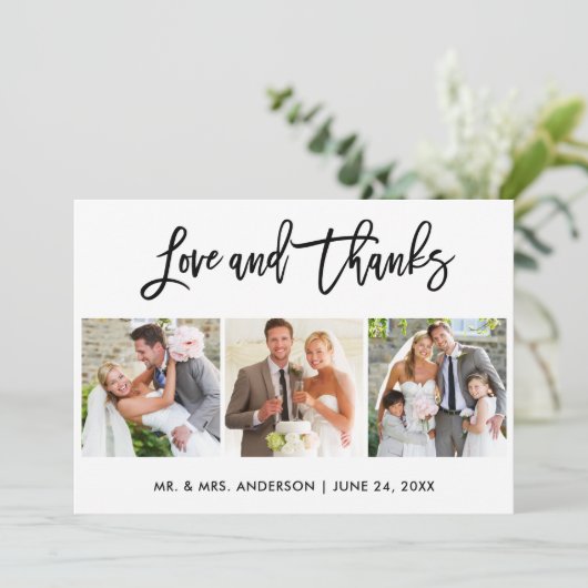 Penseel Script Love and Bedankt 3 Photo Wedding (Staand voorkant)