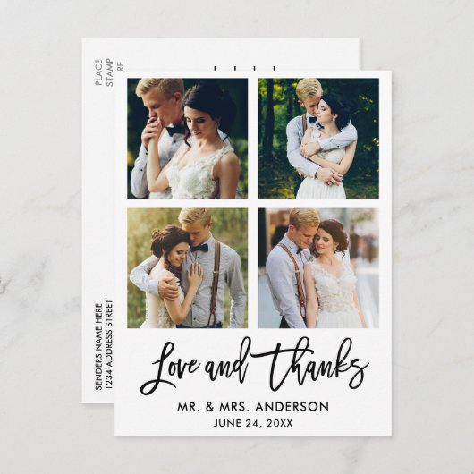 Penseel Script Love and Bedankt Wedding 4 Photo Briefkaart (Voorkant / Achterkant)