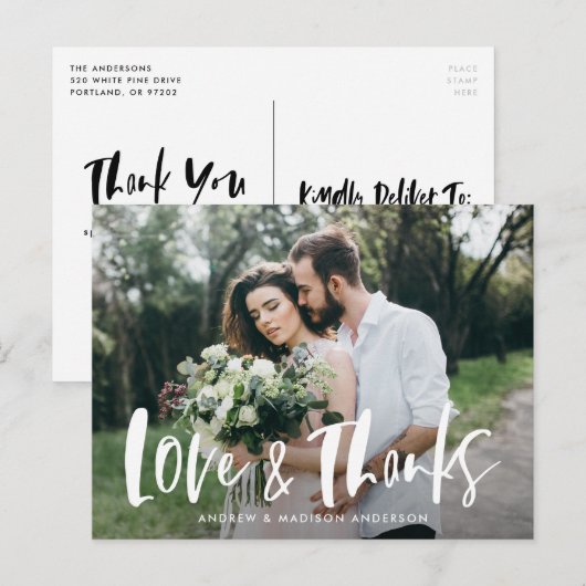 Penseel-Script Love & Bedankt Photo Weddenschap Be Briefkaart (Voorkant / Achterkant)