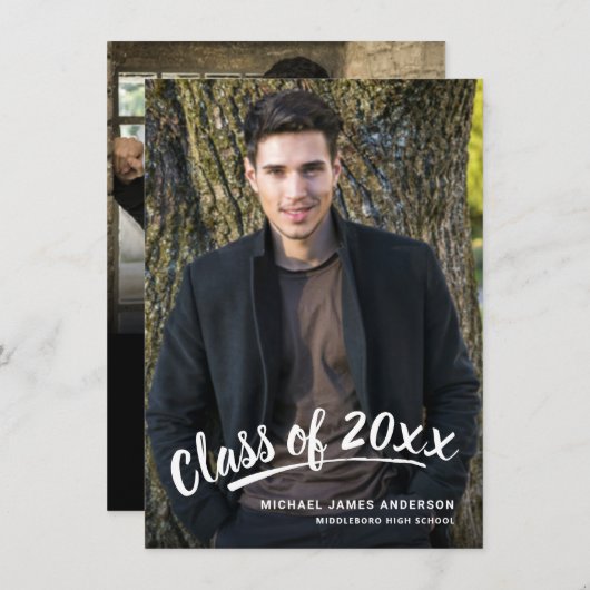 Penseel Script Modern Afstuderen 2+Sided Party fot Kaart (Voorkant / Achterkant)