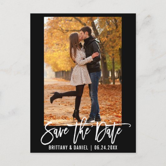 Penseel Script Modern Couple Photo Save the Date Briefkaart (Voorkant)