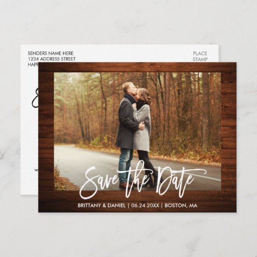 Penseel Script Photo Rustic Wood Save the Date Briefkaart (Voorkant / Achterkant)