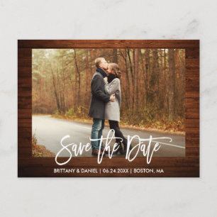 Penseel Script Photo Rustic Wood Save the Date Briefkaart