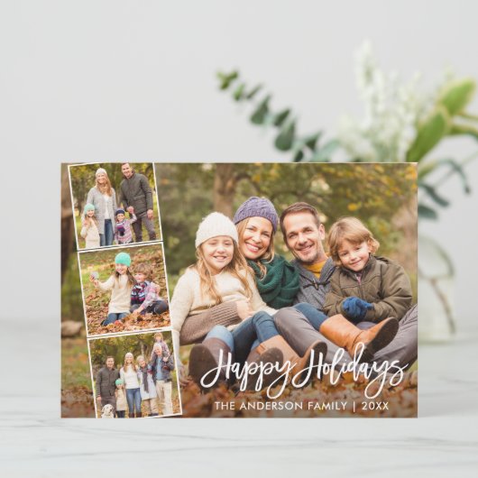 Penseel Script Prettige feestdagen Familie 4 Foto Feestdagenkaart (Staand voorkant)