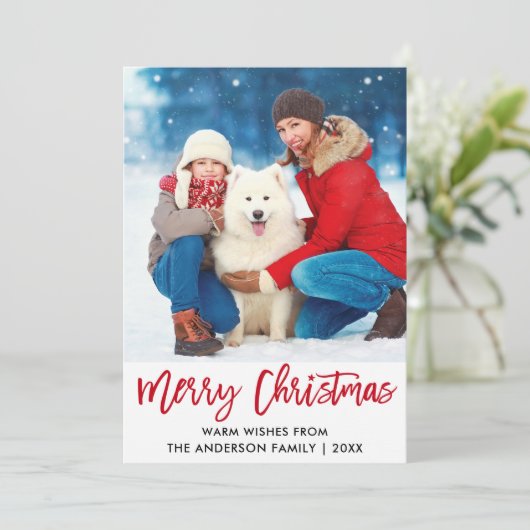 Penseel Script Red Merry kerstster foto Feestdagenkaart (Staand voorkant)