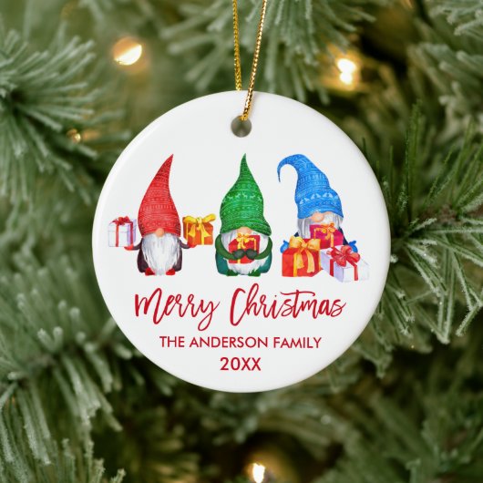 Penseel Script Red Merry Waterverf Gnomes Keramisch Ornament (Boom)