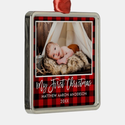 Penseel Script Red Pset Baby Eerste Kerstmis Metalen Ornament (Rechts)