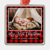 Penseel Script Red Pset Baby Eerste Kerstmis Metalen Ornament (Voorkant)