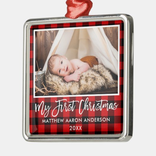 Penseel Script Red Pset Baby Eerste Kerstmis Metalen Ornament (Links)