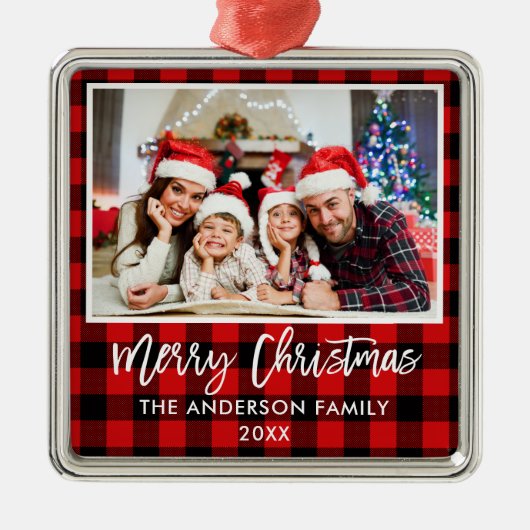 Penseel Script Red Pset Family Merry Kerstmis Metalen Ornament (Voorkant)