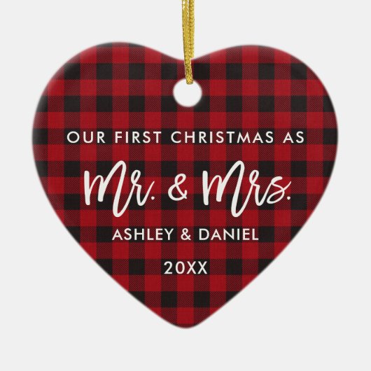 Penseel Script Red Pset First Kerstmis Mr Mrs. Keramisch Ornament (Voorkant)