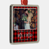 Penseel Script Red Pset First Kerstmis Mr Mrs. Metalen Ornament (Rechts)