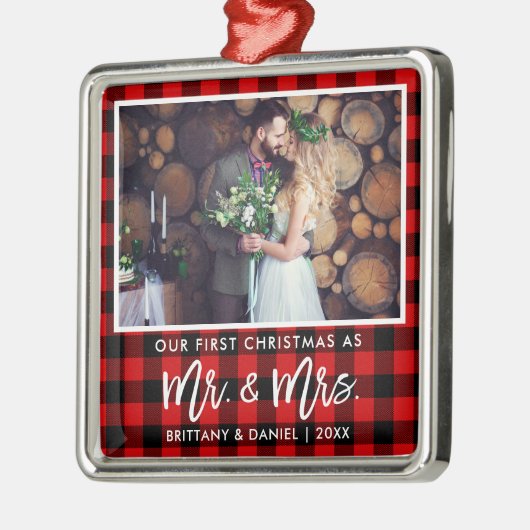 Penseel Script Red Pset First Kerstmis Mr Mrs. Metalen Ornament (Links)