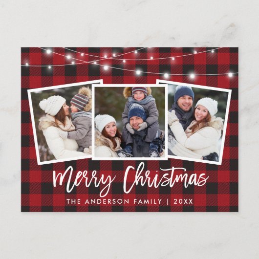 Penseel Script Red Pset Lights 3 Kerstmis foto Briefkaart (Voorkant)