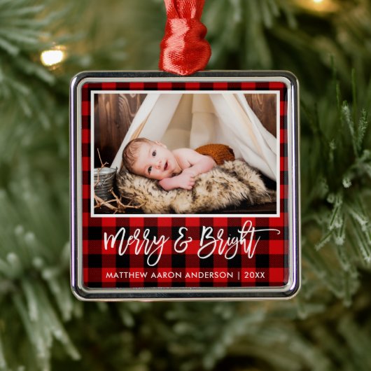 Penseel Script Red Pset Merry en Bright Baby Metalen Ornament (Boom)
