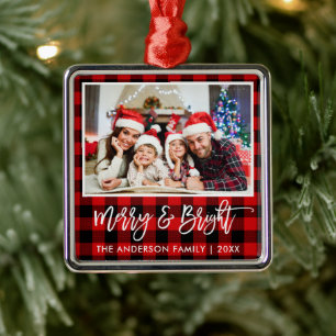 Penseel Script Red Pset Merry en heldere familie Metalen Ornament