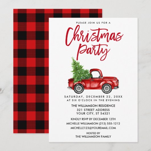 Penseel Script Red Pset Truck Kerstparty Kaart (Voorkant / Achterkant)