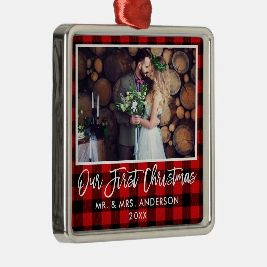 Penseel Script Red Pset Wedding First Kerstmis Metalen Ornament (Rechts)